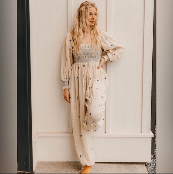 Free People Dahlia Smocked Embroidered Jumpsuit